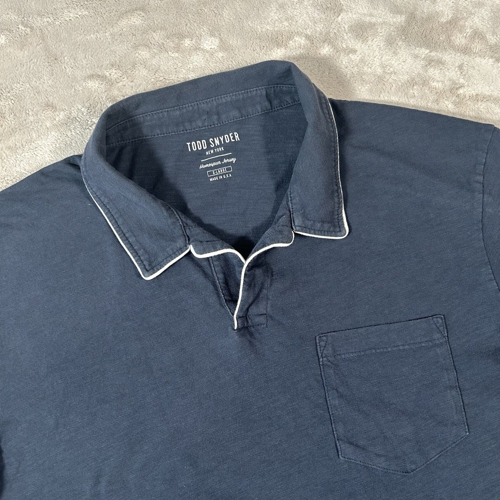 Todd Snyder Mens XL Navy Blue Homespun Slub Jersey Tipped Polo Shirt USA Made